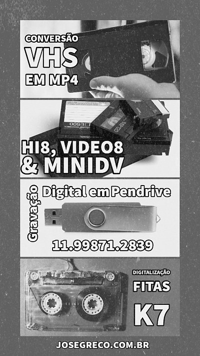 Gravação de fitas VHS, VHS-c, 8mm, Hi8, Video8, Minidv, MicroDv em arquivo de vídeo MP4 em alta qualidade . A digitalização é feita com placa de captura profissional, conexão com cabo HDMI e finalização direta em pendrive ou HD externo.